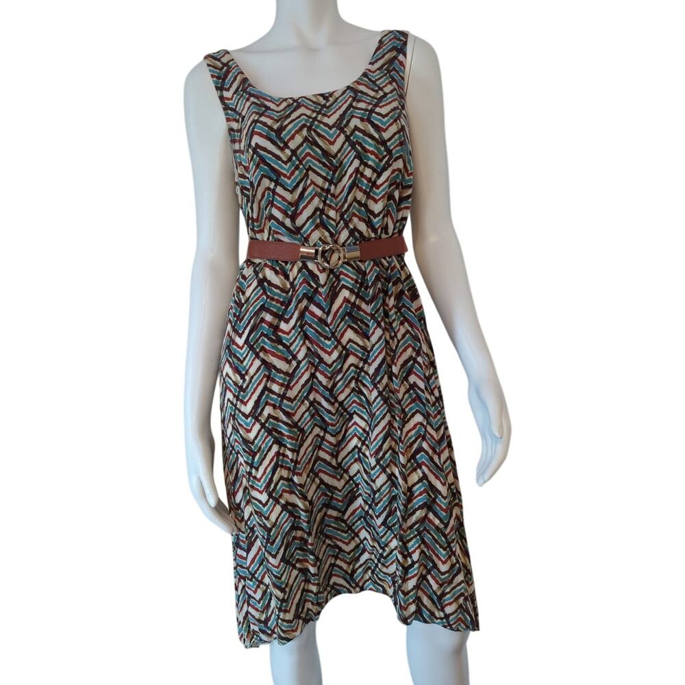 Calvin Klein Tan Brown Teal Rust Sleeveless Fit and Flare Hi-Low Belt dress Sz 6